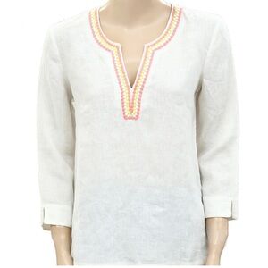 Penelope Anthropology Embroidered Linen Blouse Sz Large Floral V Neck Boho